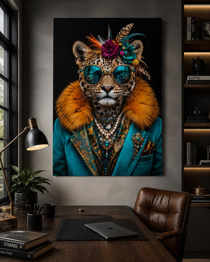 Quadro leopardo elegante con occhiali e gioielli - Leopardo Dandy, stampa, tela o cornice