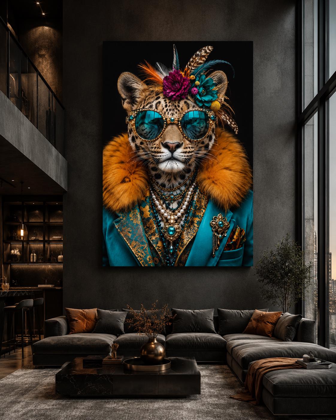 Quadro leopardo elegante con occhiali e gioielli - Leopardo Dandy, stampa, tela o cornice