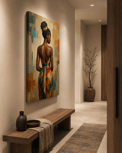Quadro figura femminile africana con abito geometrico - Eleganza d'Africa, stampa, tela o cornice