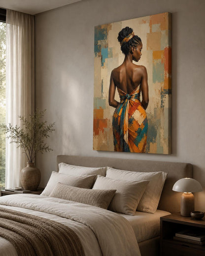 Quadro figura femminile africana con abito geometrico - Eleganza d'Africa, stampa, tela o cornice