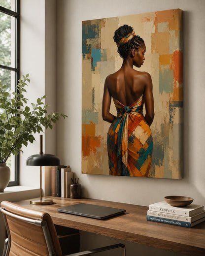 Quadro figura femminile africana con abito geometrico - Eleganza d'Africa, stampa, tela o cornice