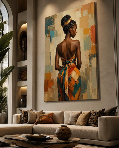 Quadro figura femminile africana con abito geometrico - Eleganza d'Africa, stampa, tela o cornice