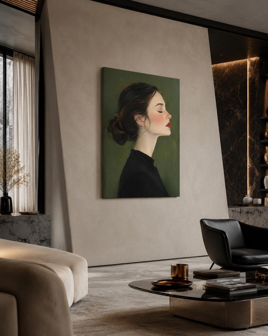 Quadro profilo femminile raccolto con occhi chiusi - Profilo Sereno, stampa, tela o cornice
