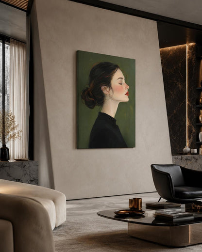 Quadro profilo femminile raccolto con occhi chiusi - Profilo Sereno, stampa, tela o cornice