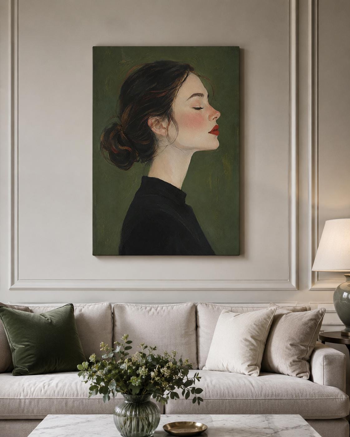 Quadro profilo femminile raccolto con occhi chiusi - Profilo Sereno, stampa, tela o cornice