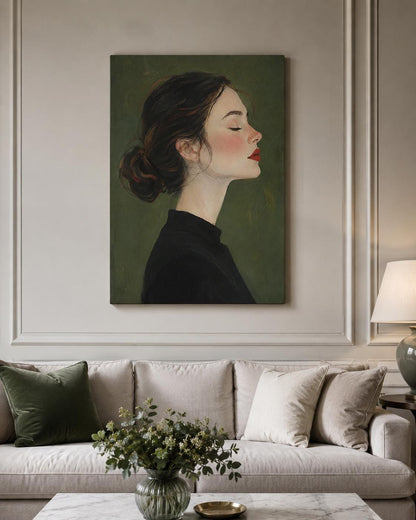 Quadro profilo femminile raccolto con occhi chiusi - Profilo Sereno, stampa, tela o cornice