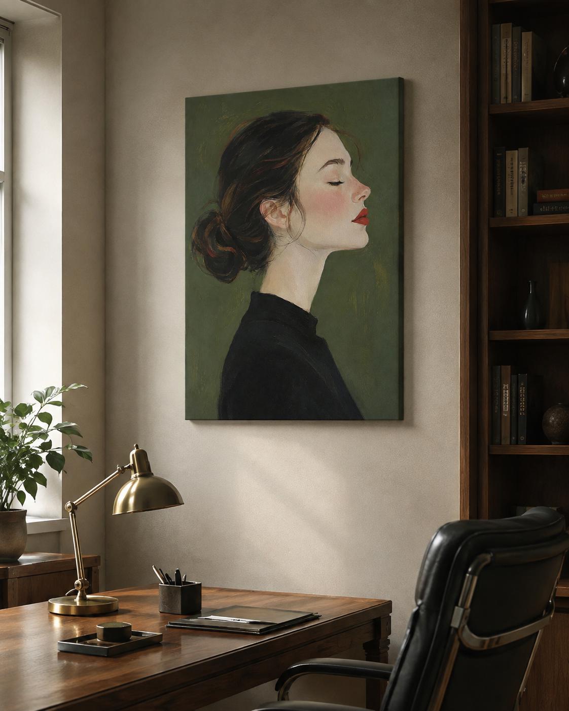 Quadro profilo femminile raccolto con occhi chiusi - Profilo Sereno, stampa, tela o cornice