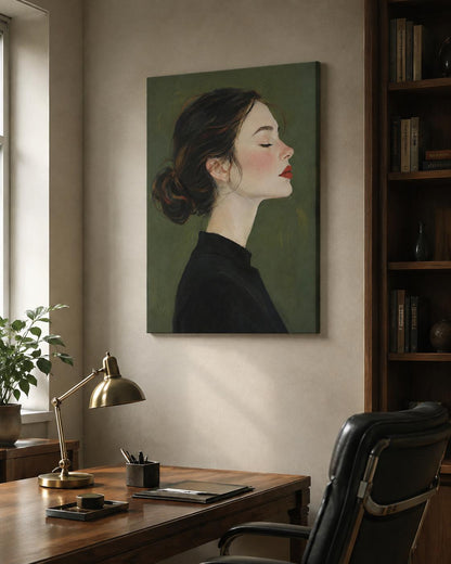 Quadro profilo femminile raccolto con occhi chiusi - Profilo Sereno, stampa, tela o cornice