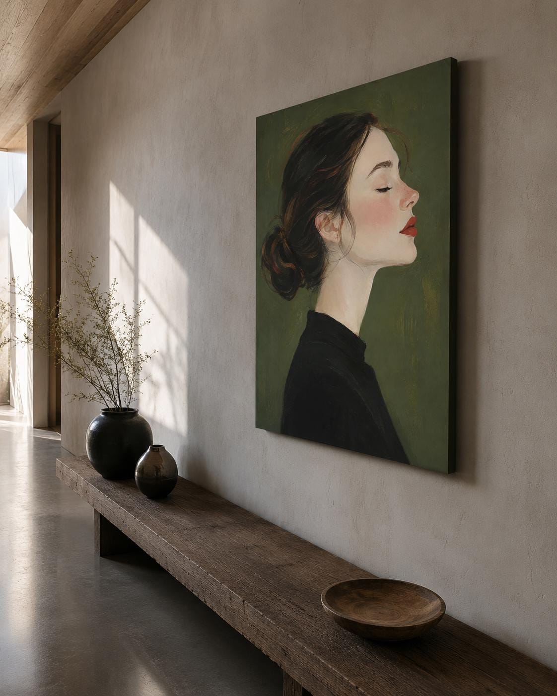 Quadro profilo femminile raccolto con occhi chiusi - Profilo Sereno, stampa, tela o cornice