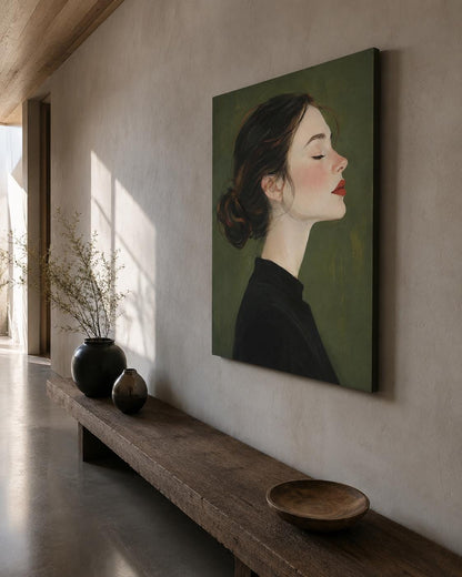 Quadro profilo femminile raccolto con occhi chiusi - Profilo Sereno, stampa, tela o cornice