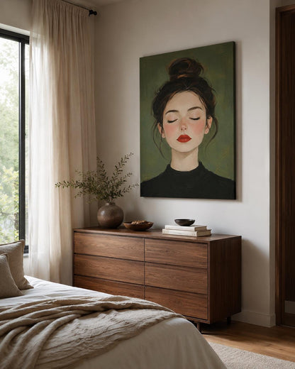 Quadro ritratto femminile con occhi chiusi e rossetto rosso - Rossetto Rosso I, stampa, tela o cornice