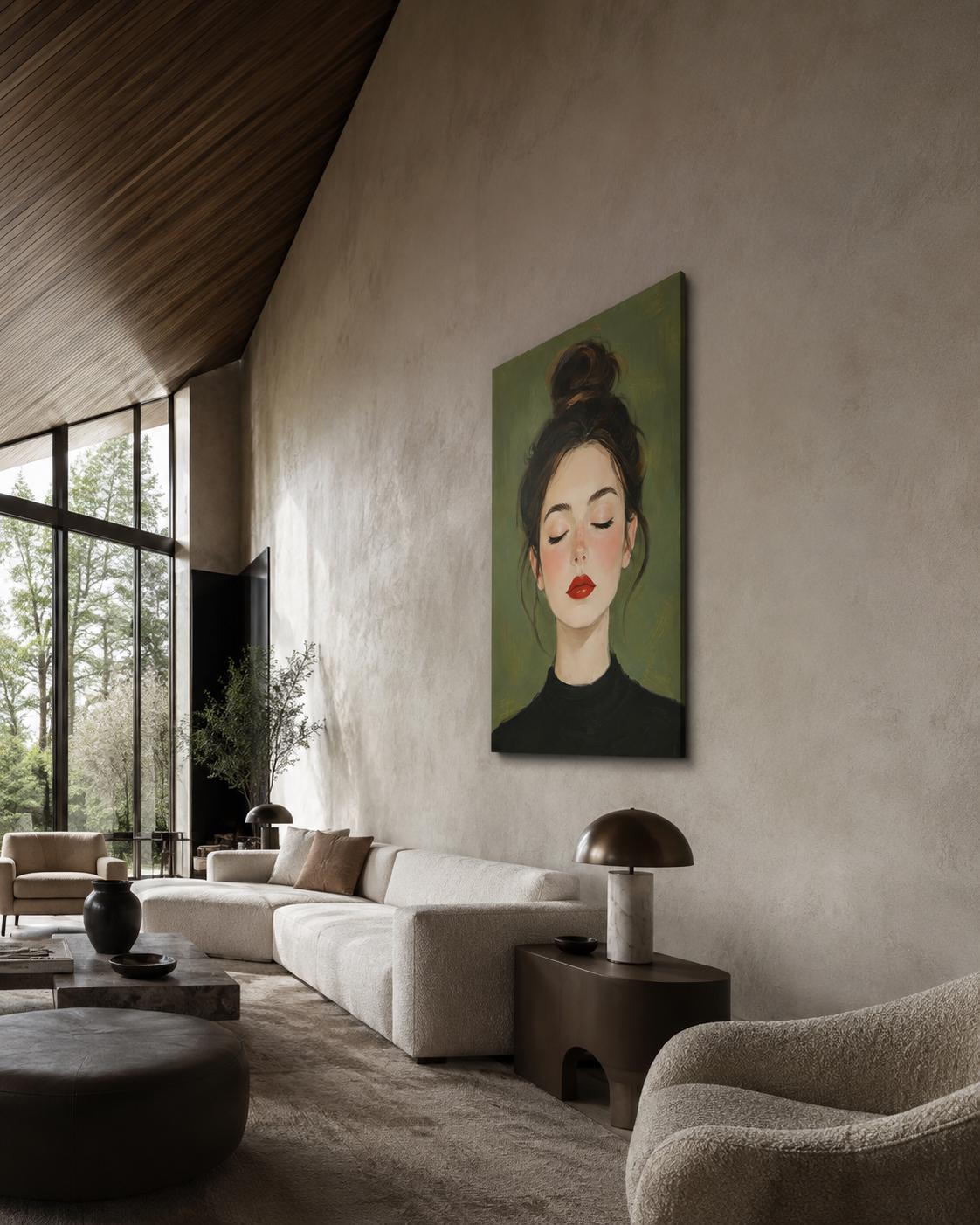 Quadro ritratto femminile con occhi chiusi e rossetto rosso - Rossetto Rosso I, stampa, tela o cornice