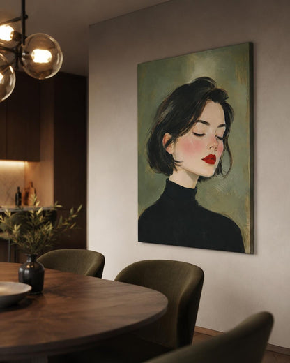 Quadro profilo femminile con dolcevita nero - Profilo in Rosso, stampa, tela o cornice