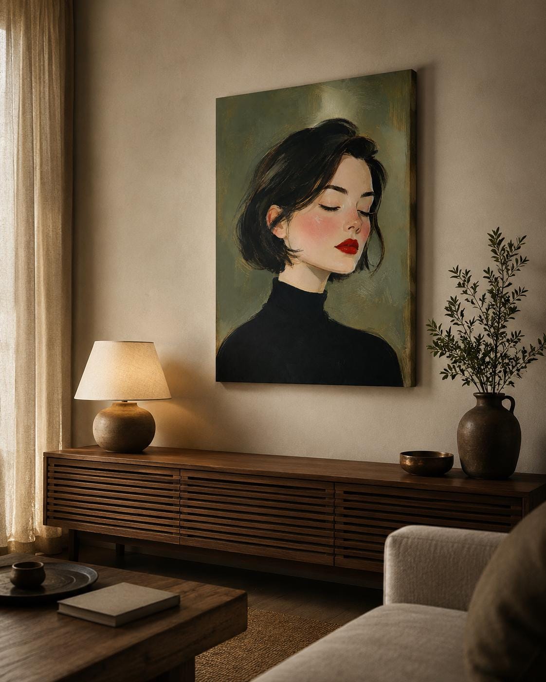 Quadro profilo femminile con dolcevita nero - Profilo in Rosso, stampa, tela o cornice