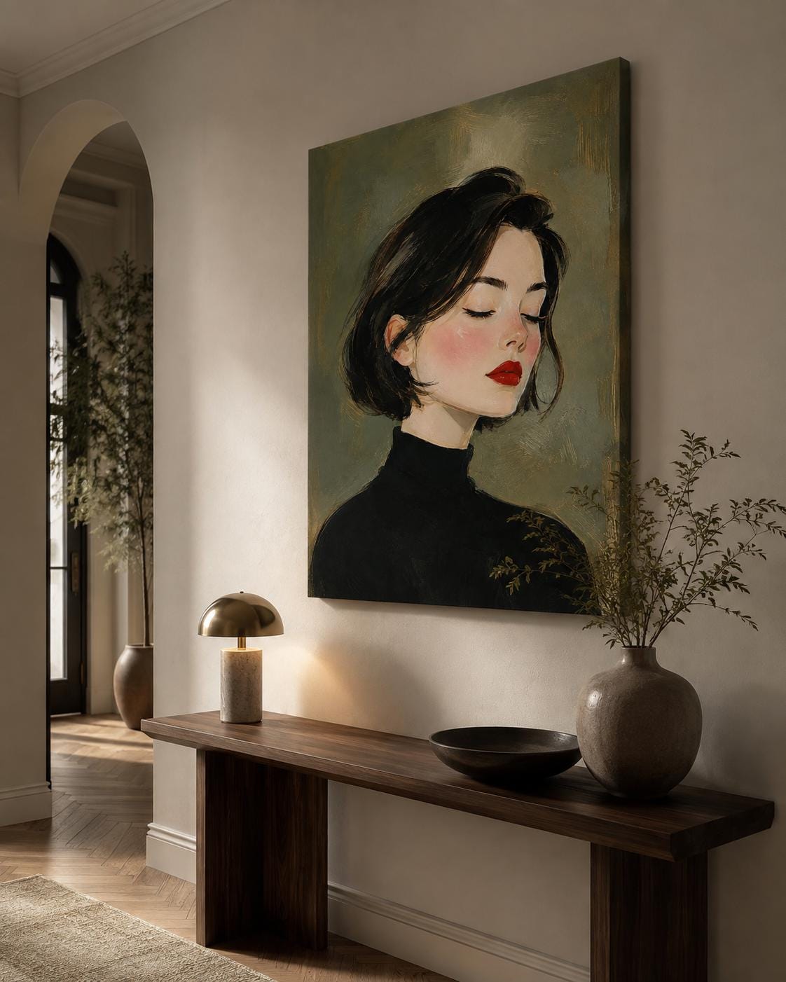 Quadro profilo femminile con dolcevita nero - Profilo in Rosso, stampa, tela o cornice