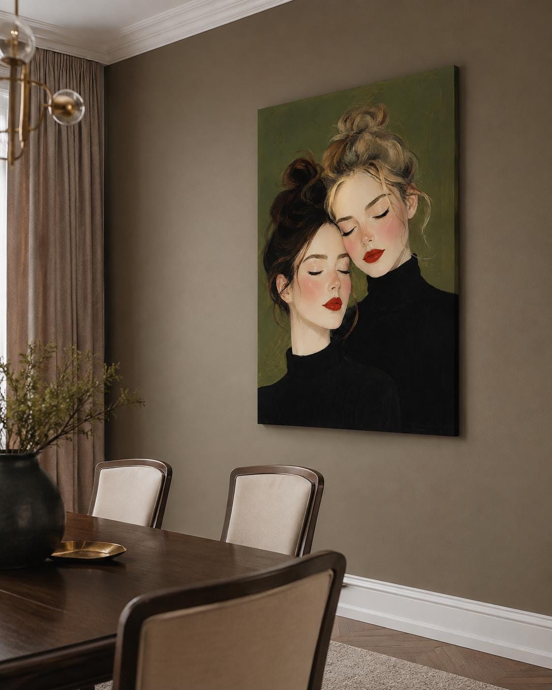 Quadro due figure femminili accostate con occhi chiusi - Sorelle in Quiete, stampa, tela o cornice