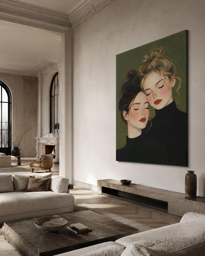 Quadro due figure femminili accostate con occhi chiusi - Sorelle in Quiete, stampa, tela o cornice