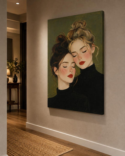 Quadro due figure femminili accostate con occhi chiusi - Sorelle in Quiete, stampa, tela o cornice