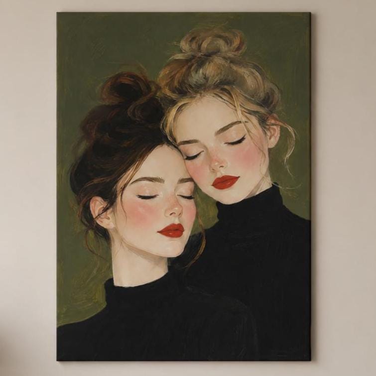 Quadro due figure femminili accostate con occhi chiusi - Sorelle in Quiete, stampa, tela o cornice