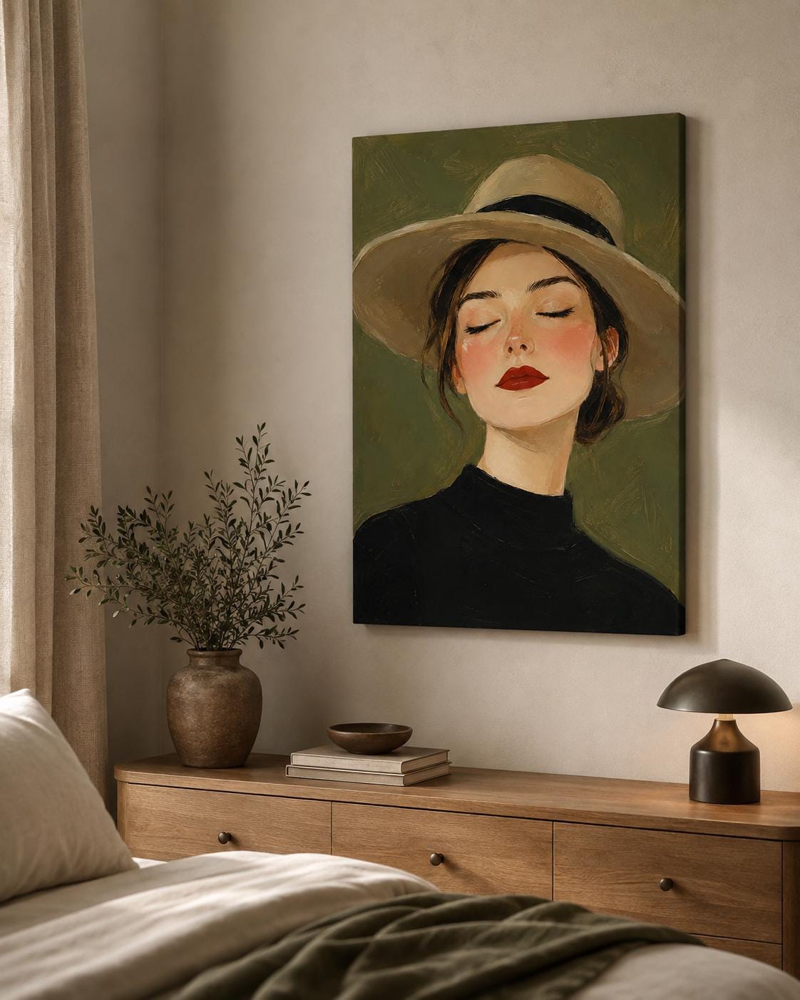 Quadro ritratto femminile con cappello a tesa larga - Donna con Cappello, stampa, tela o cornice