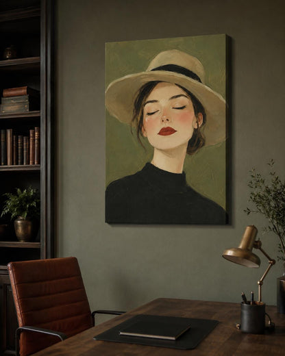 Quadro ritratto femminile con cappello a tesa larga - Donna con Cappello, stampa, tela o cornice