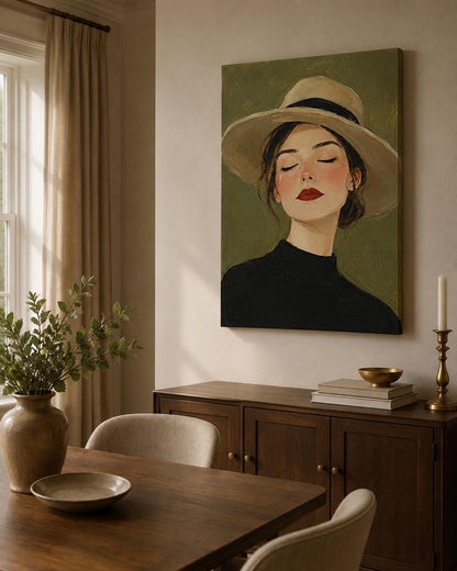 Quadro ritratto femminile con cappello a tesa larga - Donna con Cappello, stampa, tela o cornice