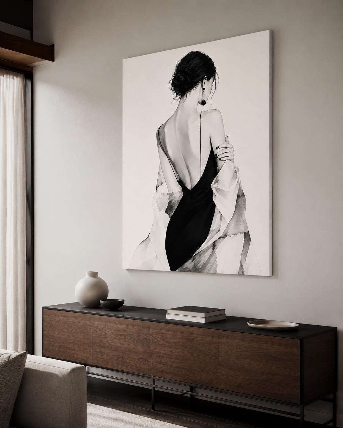 Quadro figura femminile di spalle in abito nero - Eleganza in Nero, stampa, tela o cornice