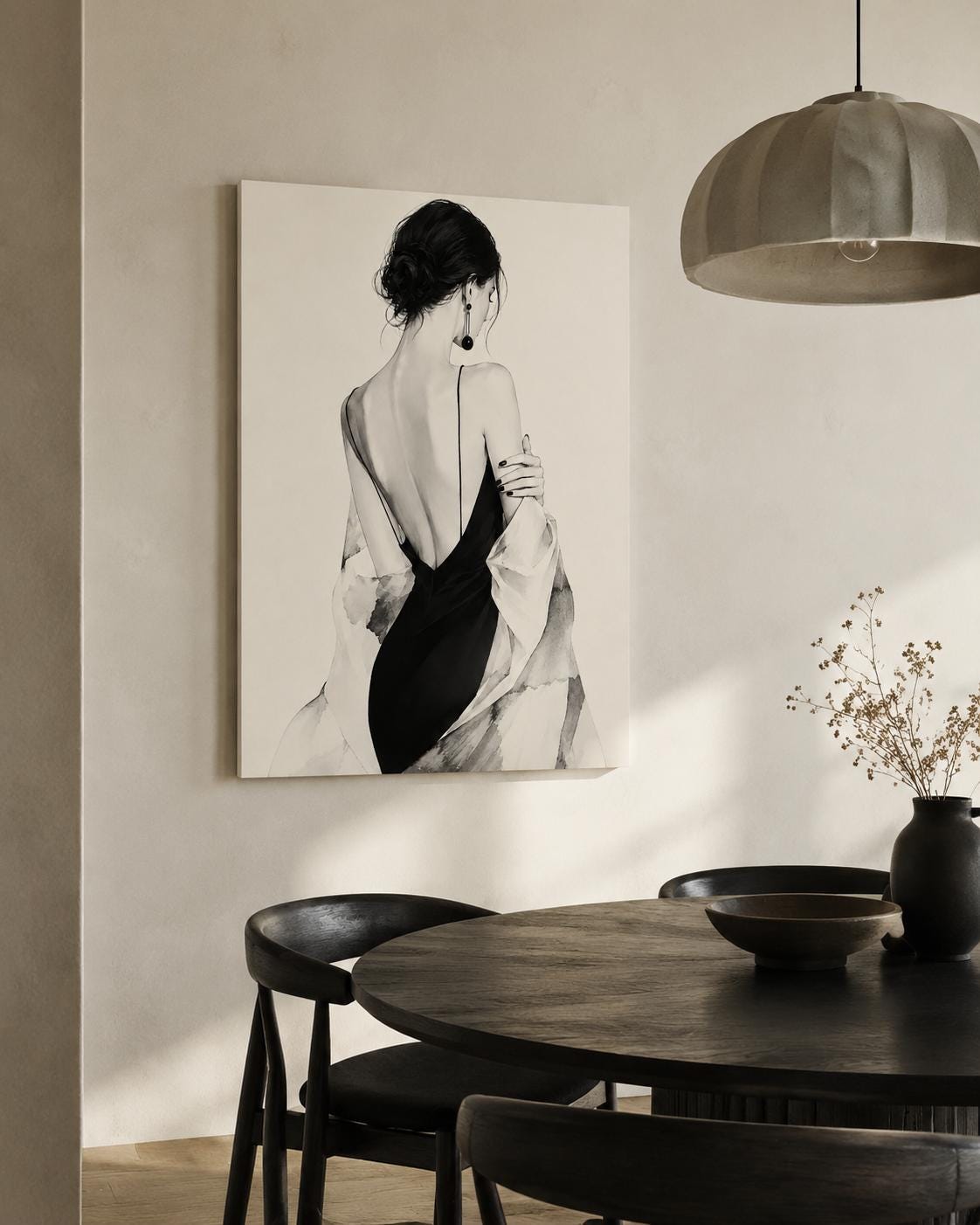 Quadro figura femminile di spalle in abito nero - Eleganza in Nero, stampa, tela o cornice