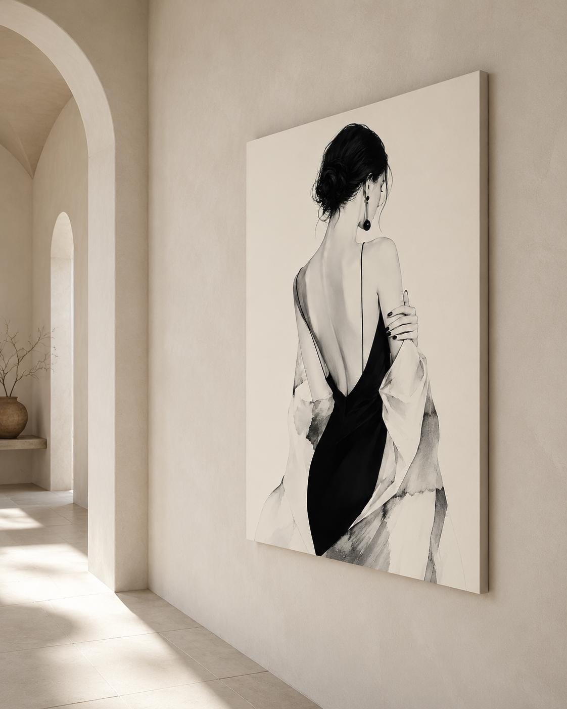 Quadro figura femminile di spalle in abito nero - Eleganza in Nero, stampa, tela o cornice