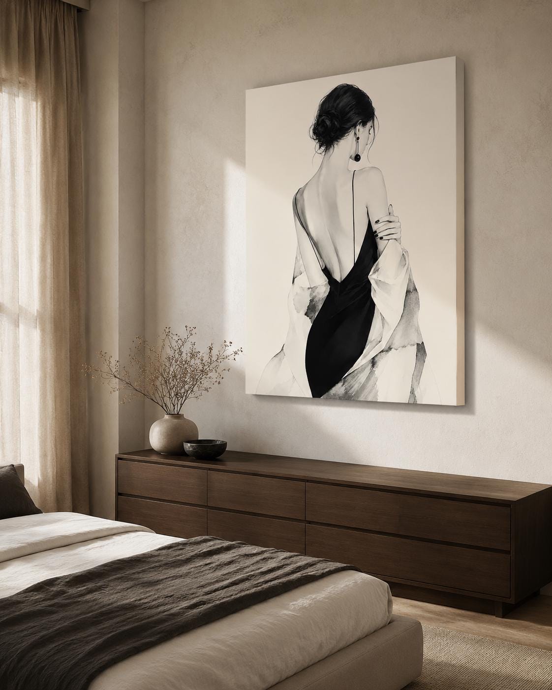 Quadro figura femminile di spalle in abito nero - Eleganza in Nero, stampa, tela o cornice