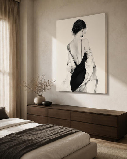 Quadro figura femminile di spalle in abito nero - Eleganza in Nero, stampa, tela o cornice