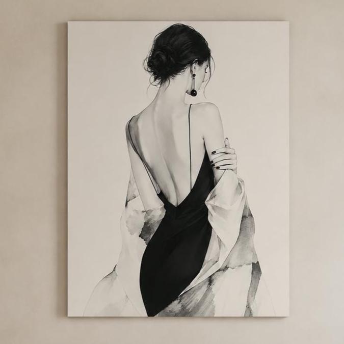 Quadro figura femminile di spalle in abito nero - Eleganza in Nero, stampa, tela o cornice