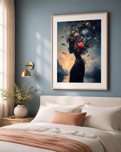 Quadro Cosmo interiore - ritratto cosmico floreale, stampa, tela o cornice con passepartout