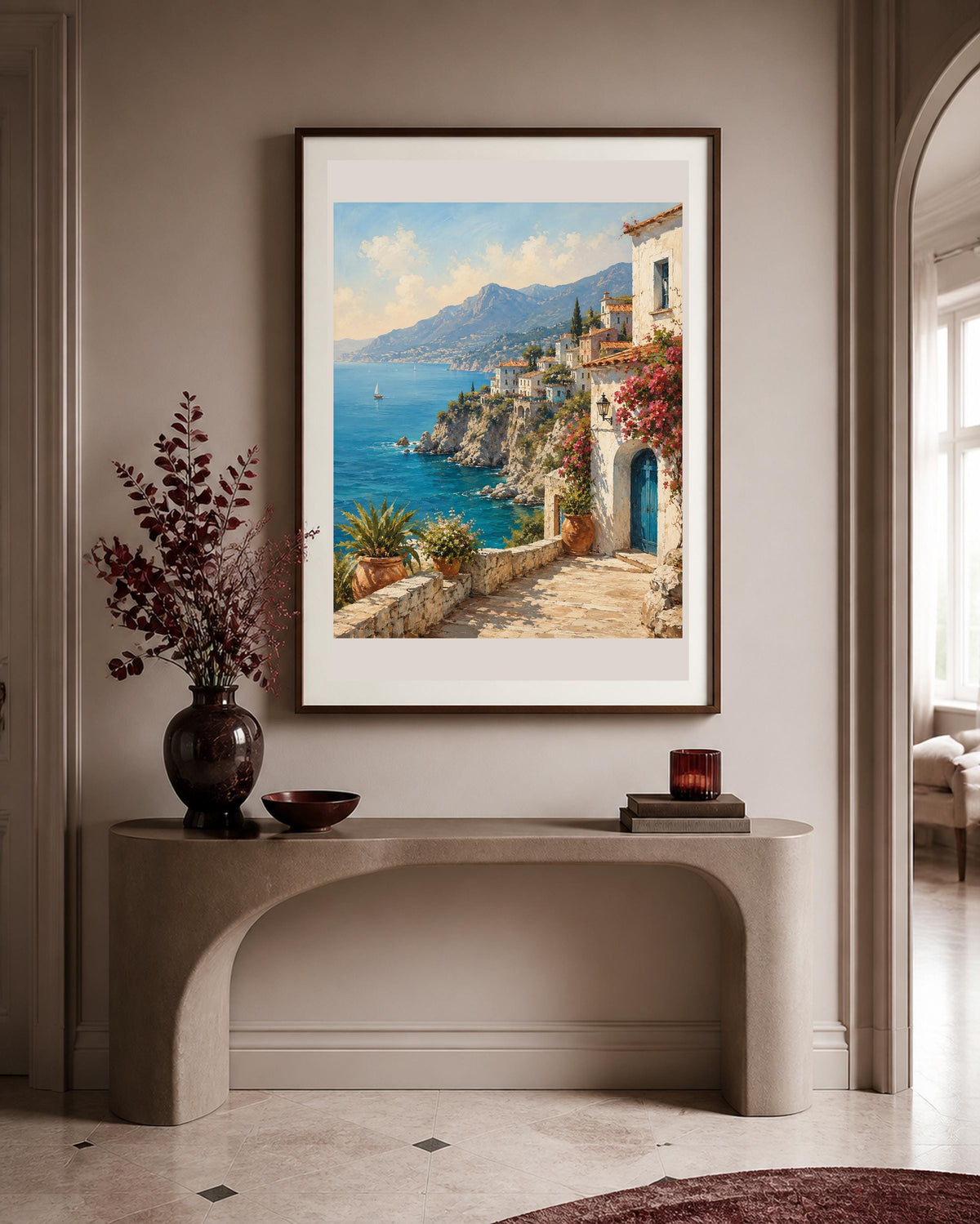 Terrazza sulla Costiera, arte mediterranea — stampa senza cornice, stampa incorniciata o tela