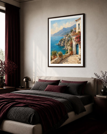 Terrazza sulla Costiera, arte mediterranea — stampa senza cornice, stampa incorniciata o tela