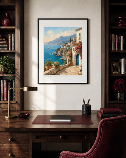 Terrazza sulla Costiera, arte mediterranea — stampa senza cornice, stampa incorniciata o tela
