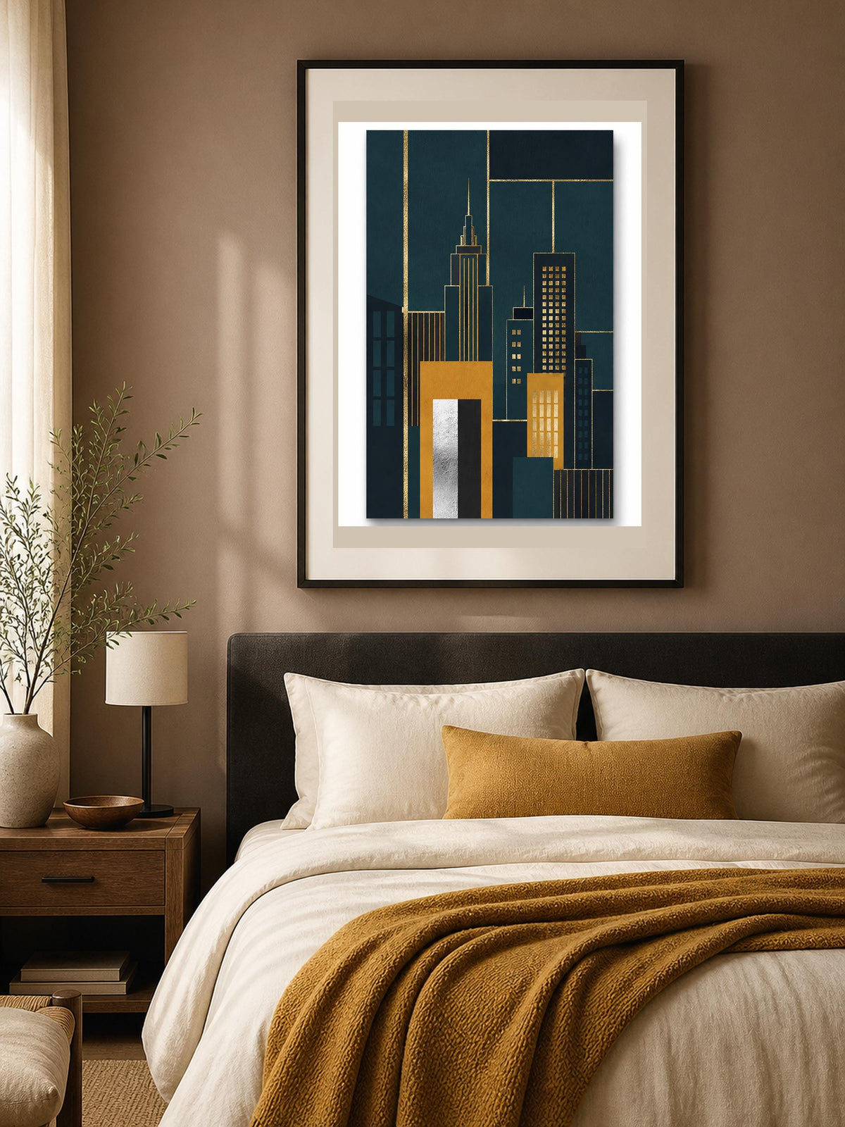 Quadro skyline geometrico Art Deco - Metropoli d'Oro, stampa, tela o cornice