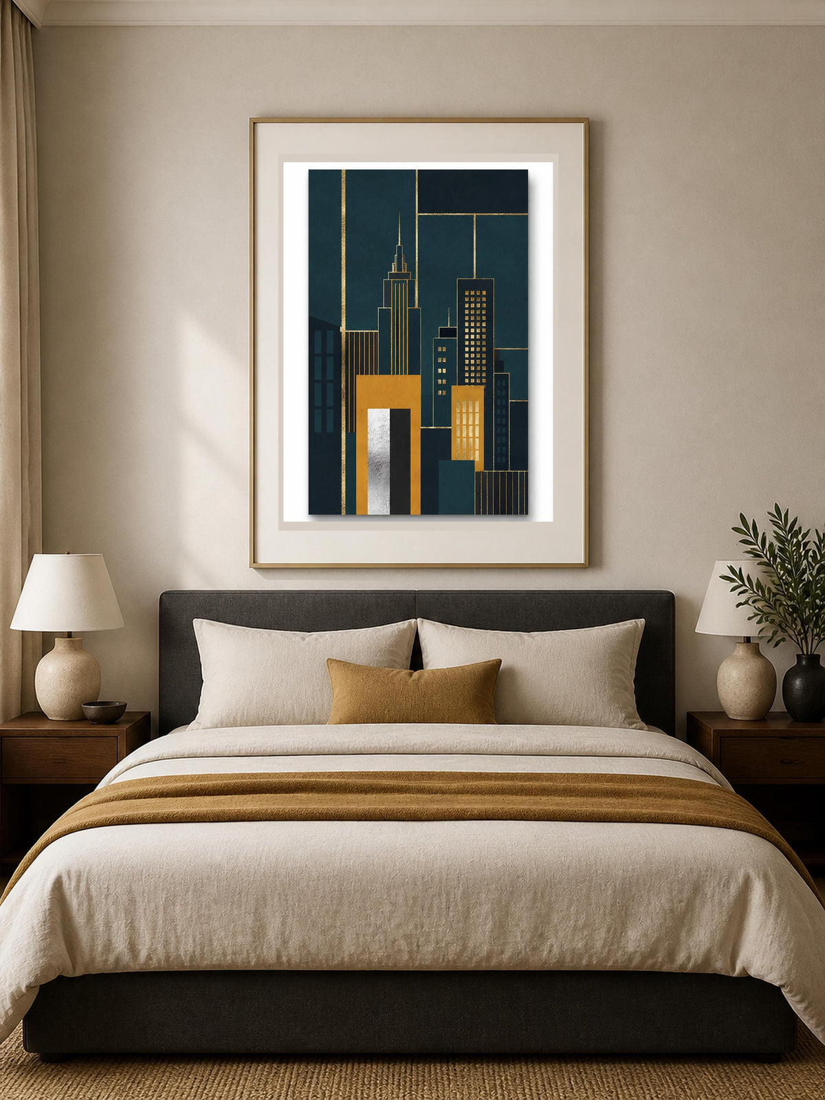 Quadro skyline geometrico Art Deco - Metropoli d'Oro, stampa, tela o cornice