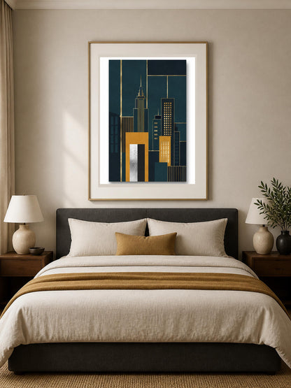 Quadro skyline geometrico Art Deco - Metropoli d'Oro, stampa, tela o cornice