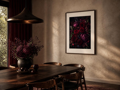 Quadro bouquet floreale scuro - Fioritura cremisi, stampa, tela o cornice
