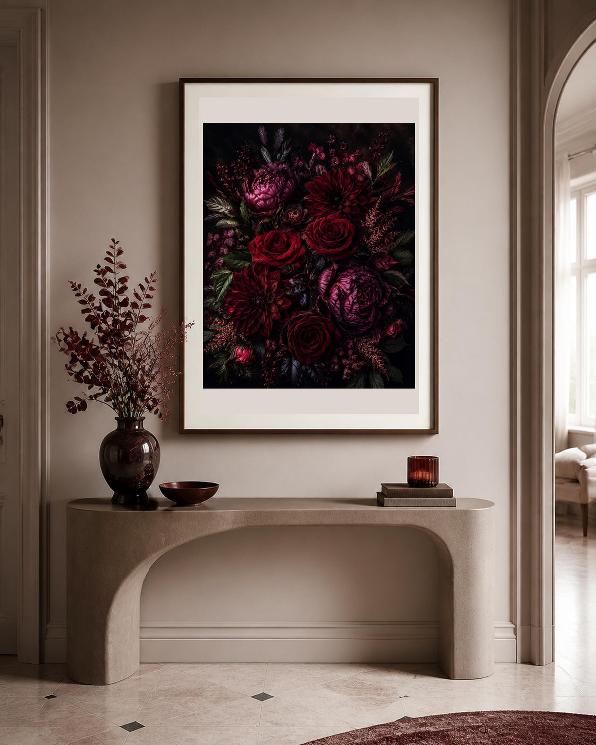 Quadro bouquet floreale scuro - Fioritura cremisi, stampa, tela o cornice