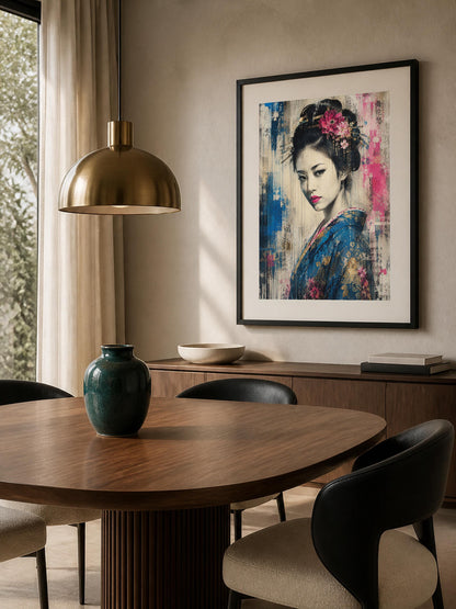 Geisha Contemporanea, ritratto femminile con fiori — stampa senza cornice, stampa incorniciata o tela