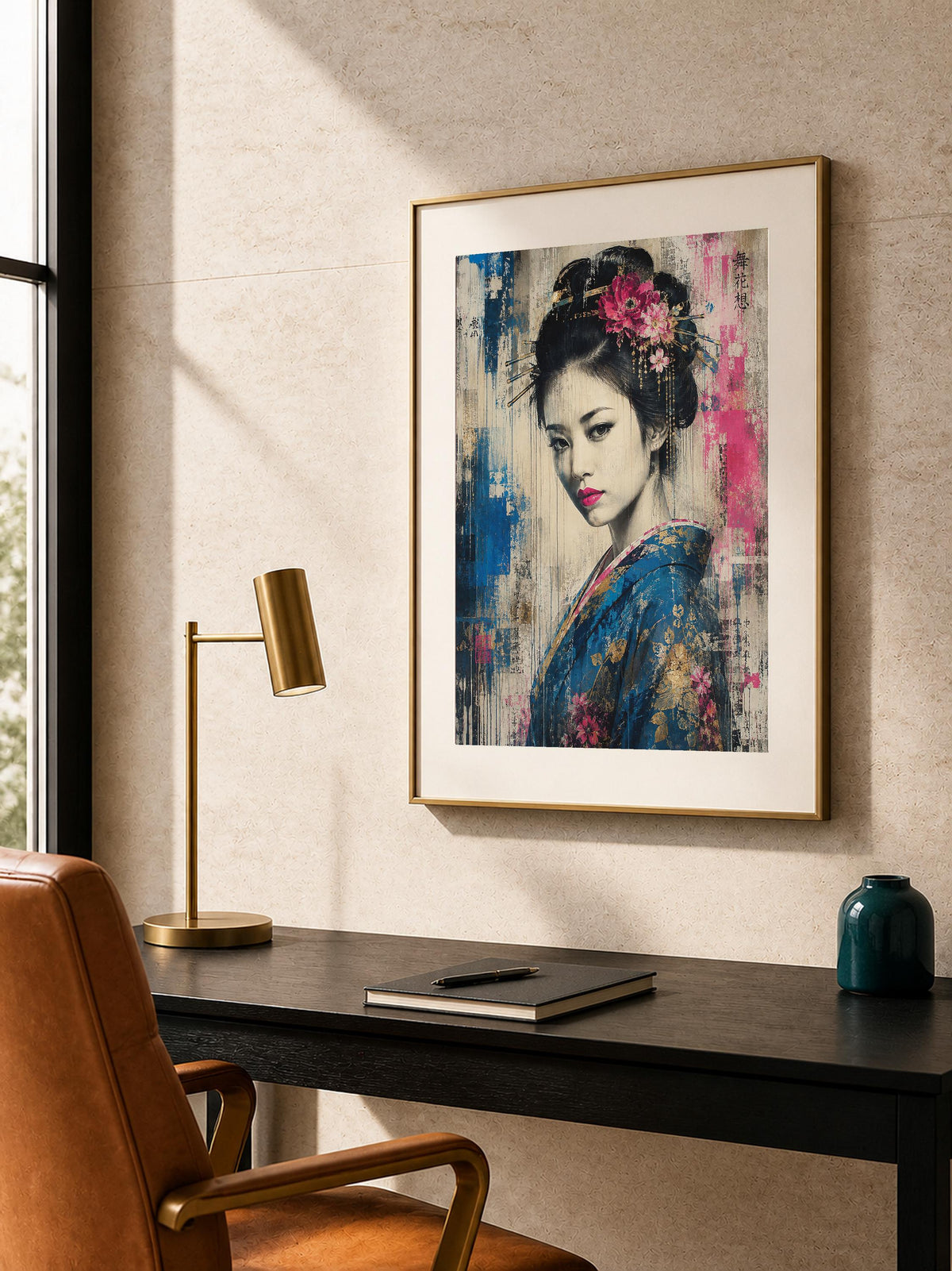 Geisha Contemporanea, ritratto femminile con fiori — stampa senza cornice, stampa incorniciata o tela