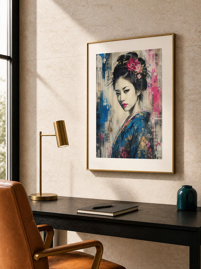 Geisha Contemporanea, ritratto femminile con fiori — stampa senza cornice, stampa incorniciata o tela