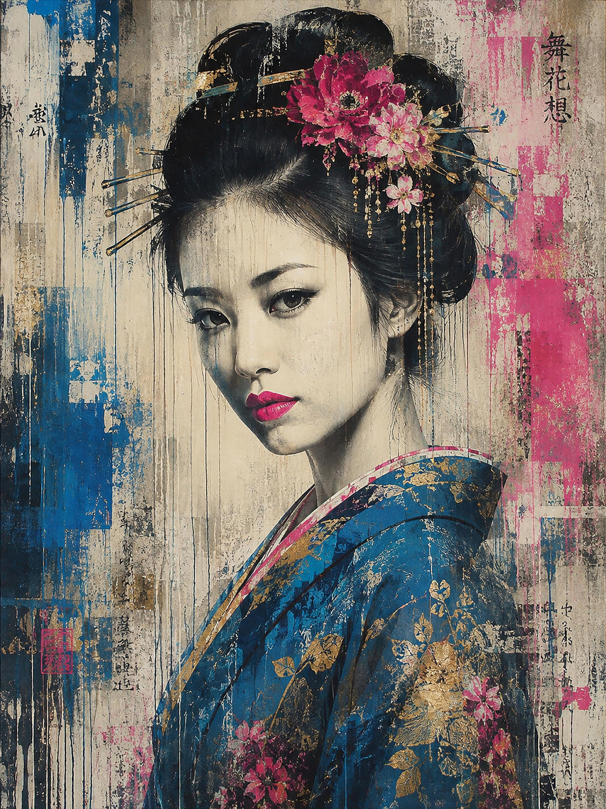 Geisha Contemporanea, ritratto femminile con fiori — stampa senza cornice, stampa incorniciata o tela