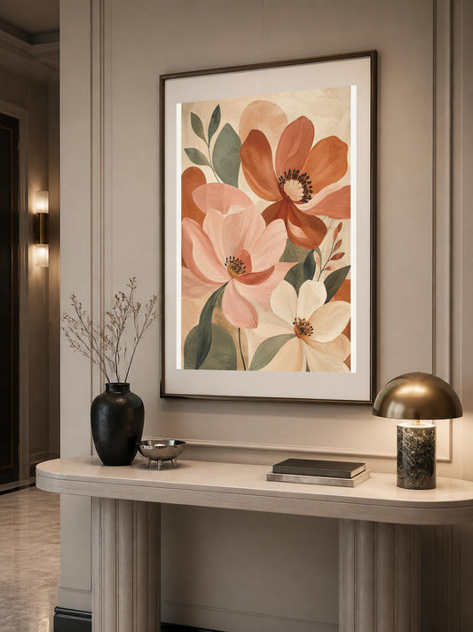 Fioritura Terracotta, fiori stilizzati dai grandi petali — stampa senza cornice, stampa incorniciata o tela