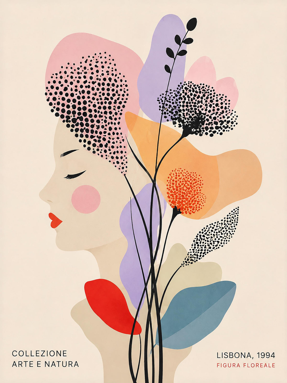 Quadro profilo femminile con fiori grafici - Profilo Fiorito di Lisbona, stampa, tela o cornice