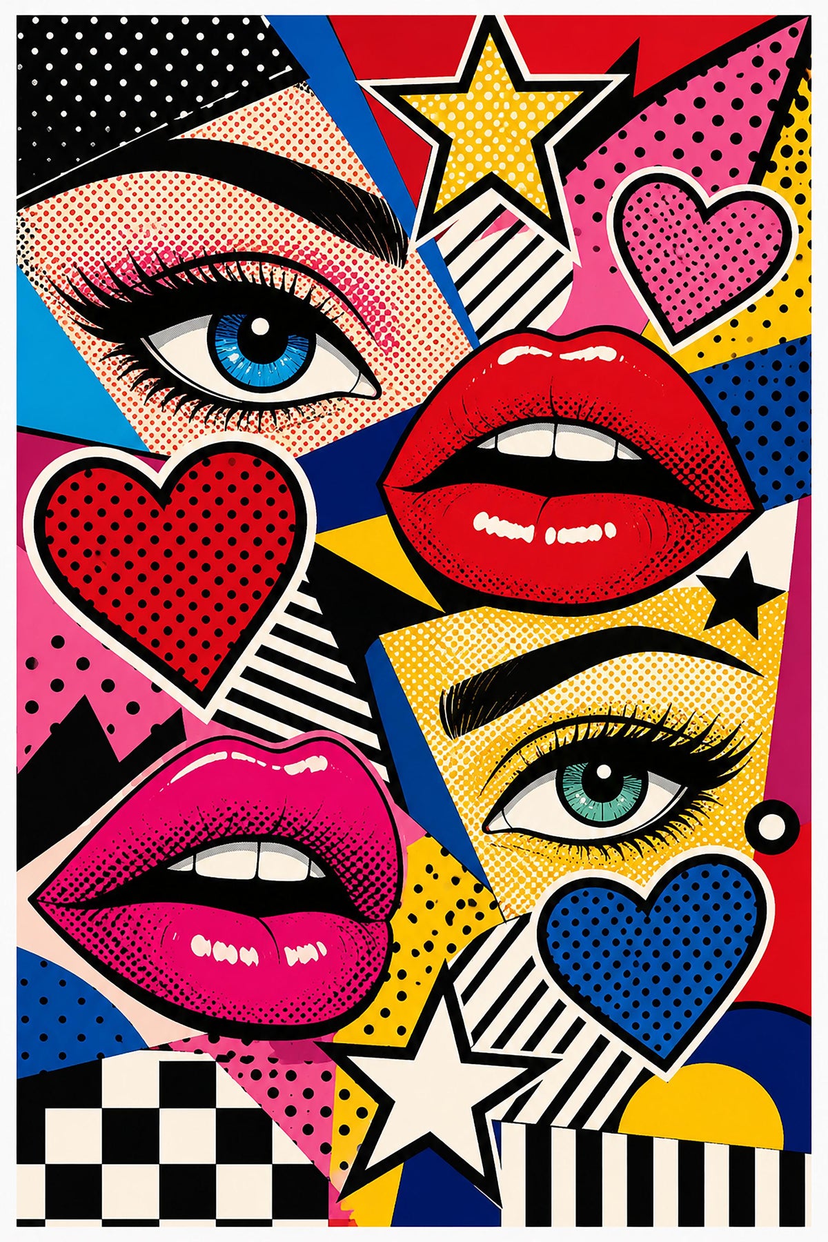 Battito Pop, occhi, labbra e cuori — stampa senza cornice, stampa incorniciata o tela