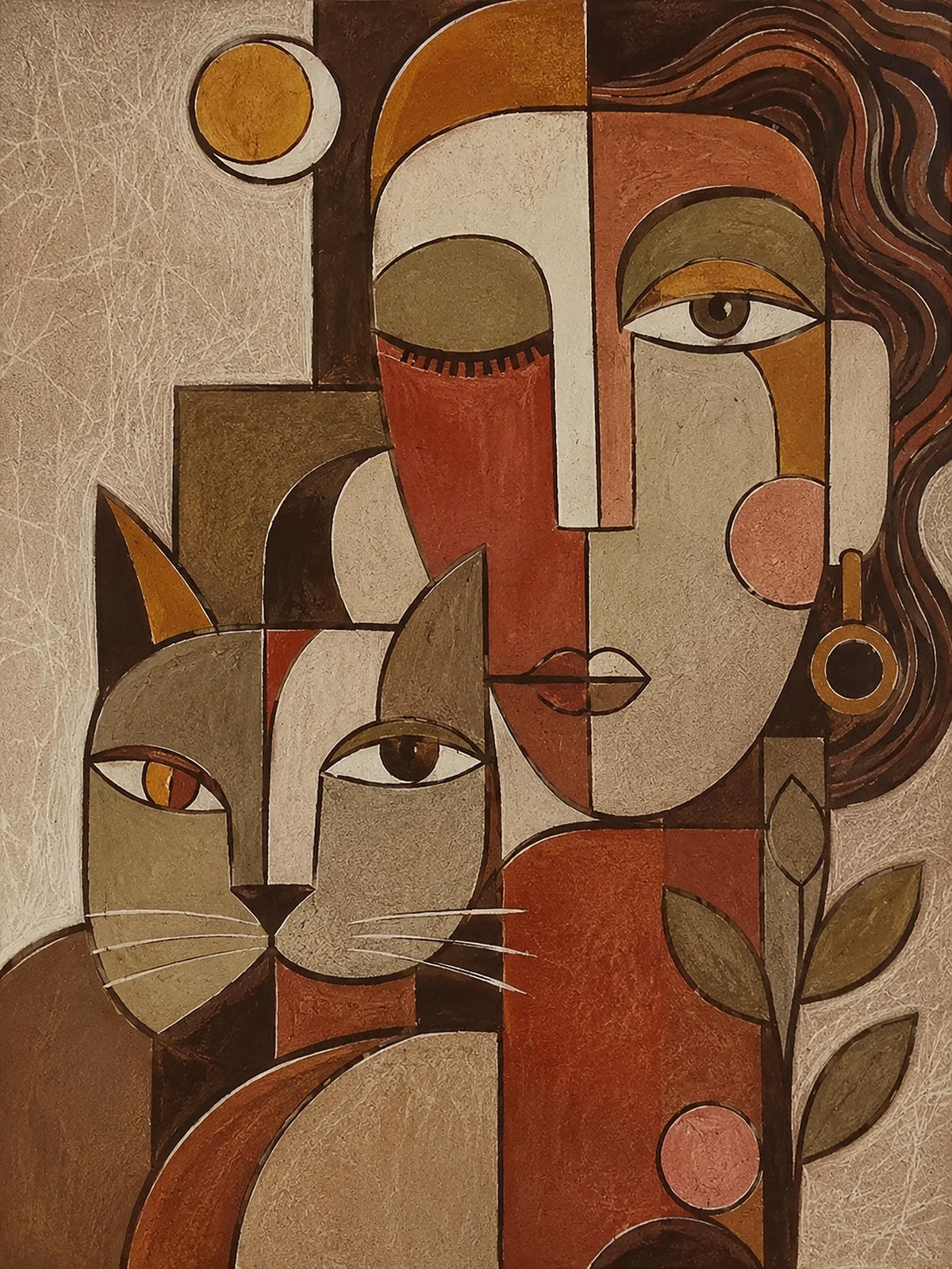 Donna e Gatto, ritratto cubista — stampa senza cornice, stampa incorniciata o tela