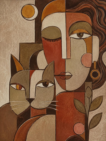 Donna e Gatto, ritratto cubista — stampa senza cornice, stampa incorniciata o tela